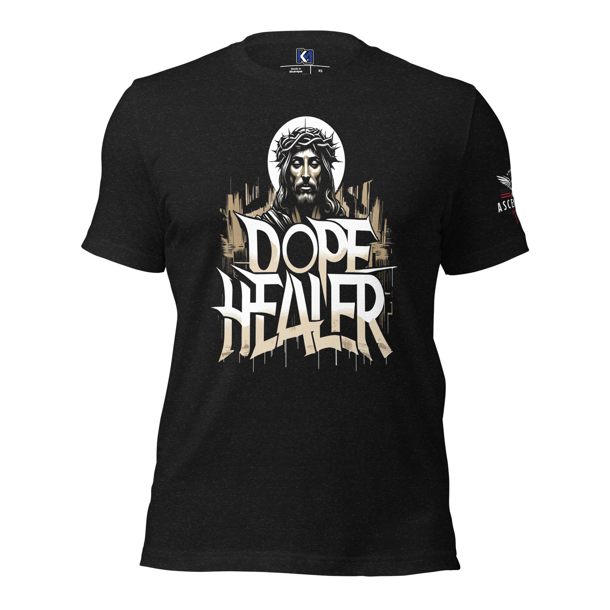 Front view of 'Dope Healer' Jesus graphic tee with bold design in sepia tones on black background