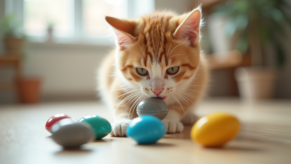 Close-up view of a cat playing with interactive toys in a bright room