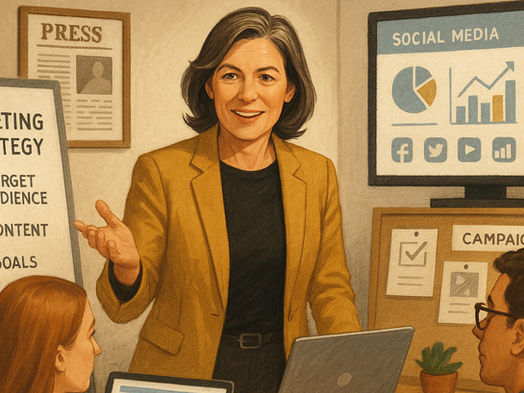 An editorial-style illustration showing a Generation X professional (aged 45–60) in modern PR