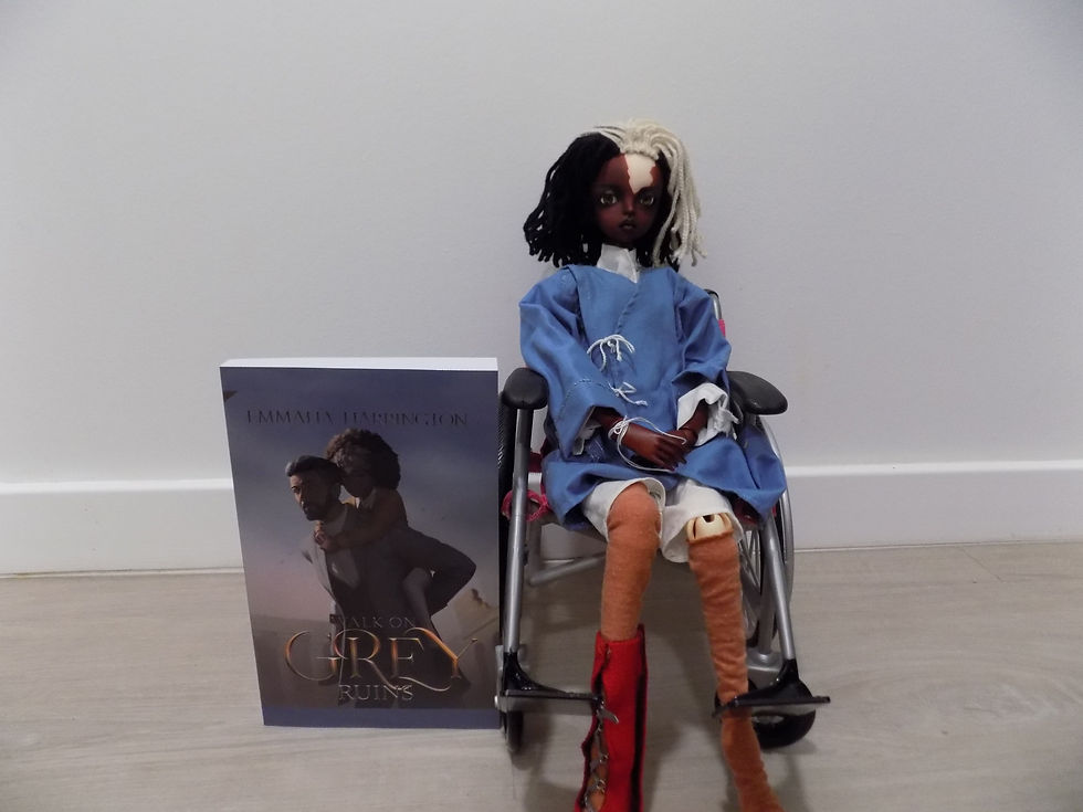 The doll poses next to the book, titled "Walk on Grey Ruins."