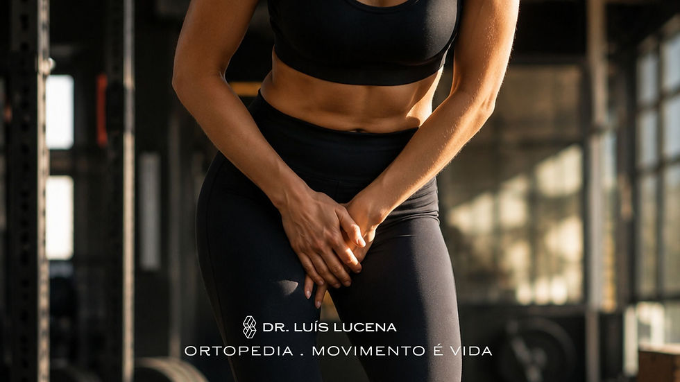 Mulher praticando atividade física segurando a região da virilha devido à dor durante o treino, ilustrando um possível impacto femoroacetabular no quadril.