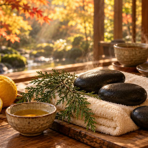 Japanese autumn spa setting with yuzu fruit, hinoki cypress sprigs, and hot stones on a wooden table overlooking autumn foliage