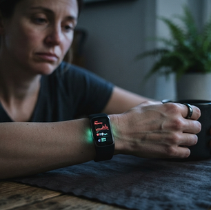 Person sitting at a table with a glowing green smartwatch, tired expression.