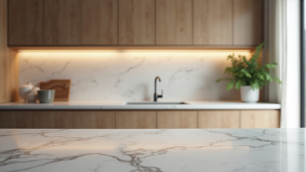 Eye-level view of modern kitchen cabinetry and countertop