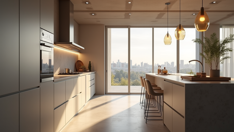 Eye-level view of modern kitchen with new cabinetry and lighting