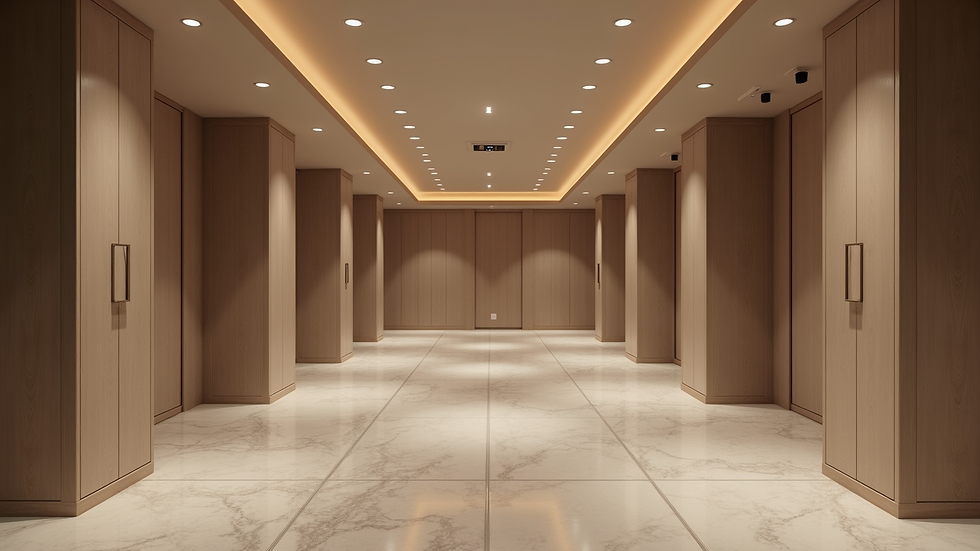 Wide angle view of a finished basement with modern flooring and recessed lighting