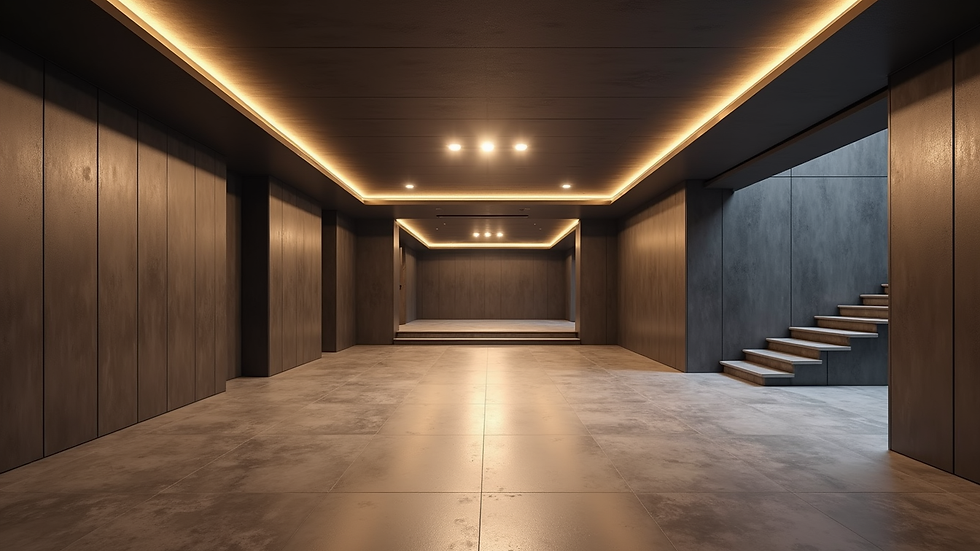 Wide angle view of a finished basement with modern lighting and flooring