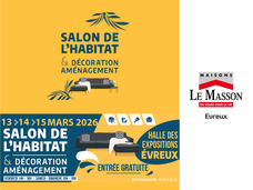 Affiche du Salon de l’Habitat d’Évreux 2026 avec les dates, le lieu, la mention entrée gratuite et le logo Maisons Le Masson Évreux.