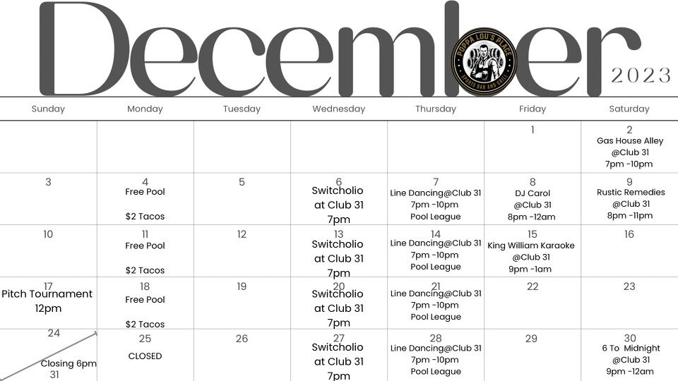 December Event Calendar