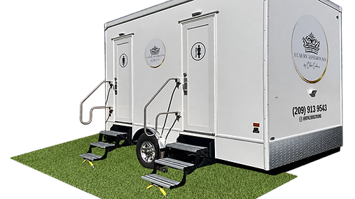 Four-stall luxury restroom trailer with exterior steps and Colton Creations branding