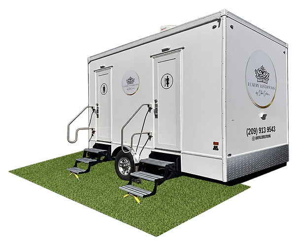 Four-stall luxury restroom trailer with exterior steps from Colton Creations