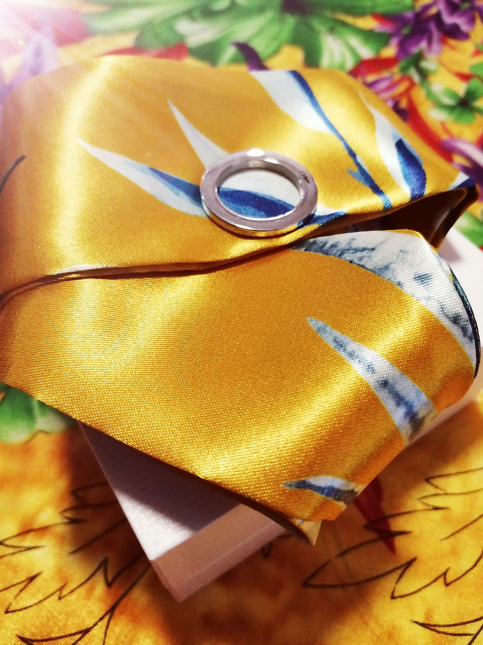 Thumbnail: Yellow Floral SilkyS - satin bracelet with engraved (branded silkyS) ring
