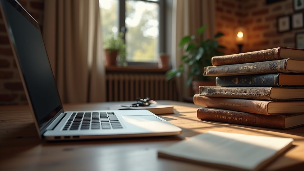 Eye-level view of a cozy home office setup with astrology books and a laptop