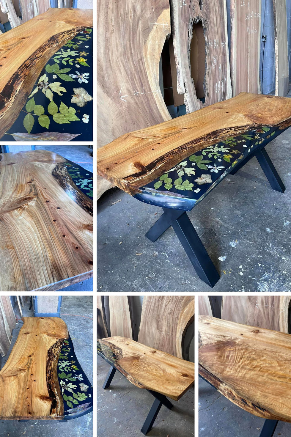 Live edge wood table with a custom black epoxy