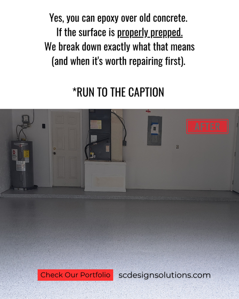 Before and after of a garage floor epoxy installation in Central Florida showing cracked concrete repaired and finished with a smooth epoxy flake coating