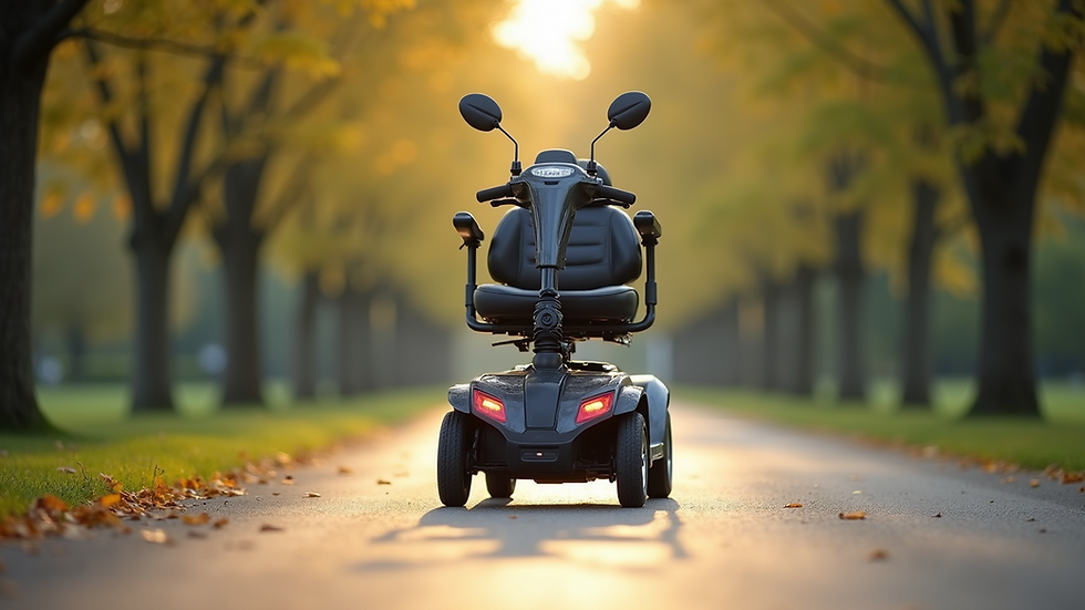Eye-level view of a mobility scooter in a serene setting