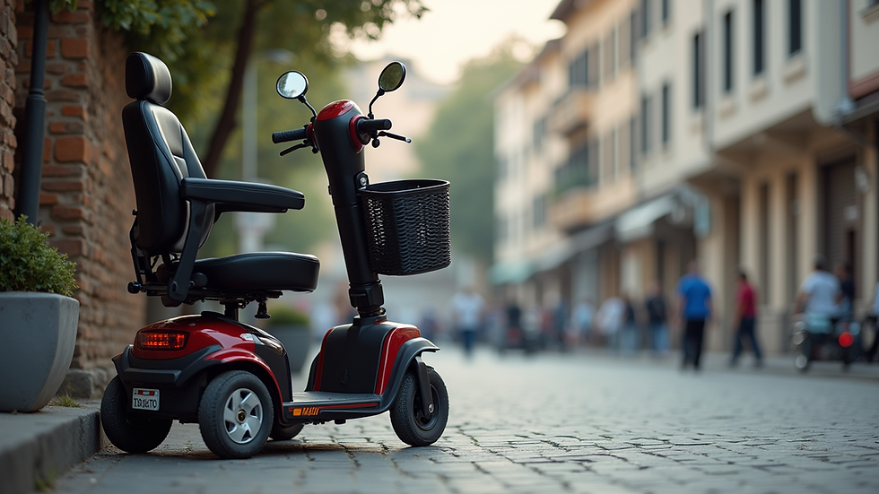 Eye-level view of a kosher-for-Shabbat mobility scooter parked near a synagogue