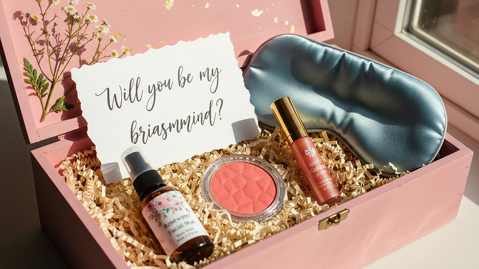 Close-up view of a bridesmaid proposal box with a handwritten note and beauty products