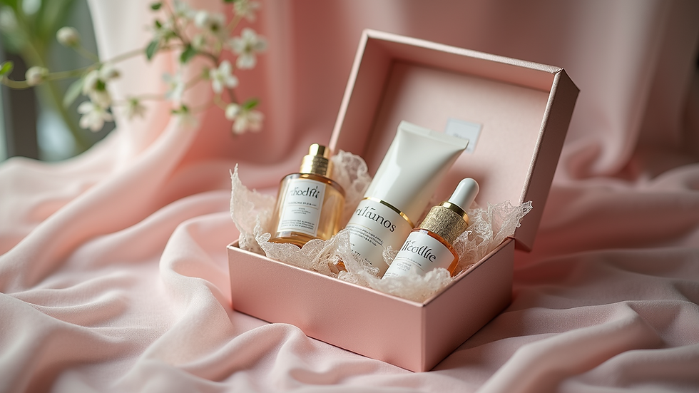 Eye-level view of a beautifully arranged bridal gift box filled with elegant items