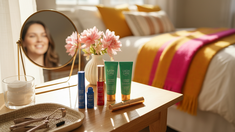 Eye-level view of a cozy vanity table with lash care products neatly arranged