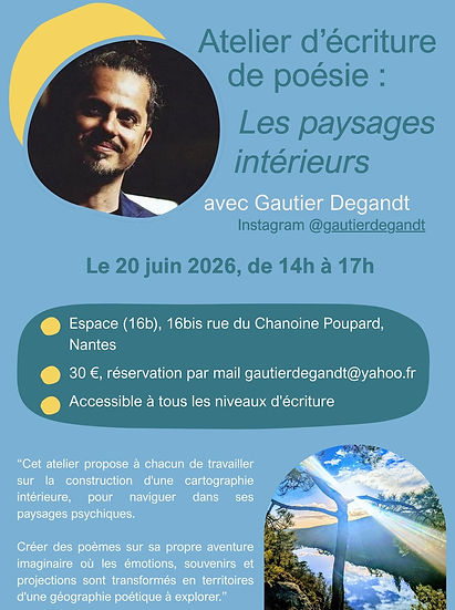 Je vais donner un atelier d'écriture de Poésie sur Nantes le samedi 20 juin prochain de 14
