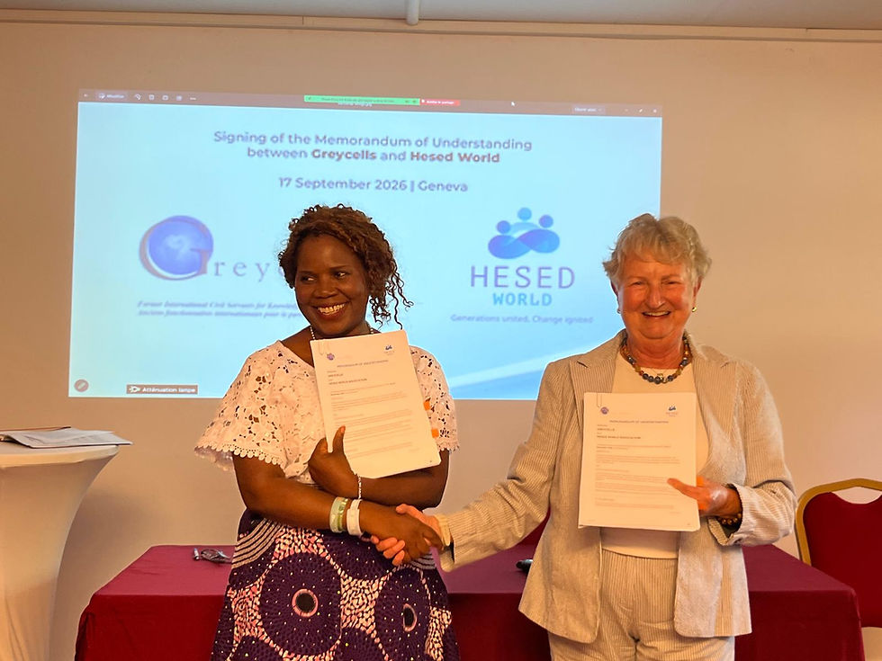 Cécile Molinier, Chair of Greycells, and Princess Kiki Rebecca Lawal, Founder and President of Hesed World displaying the MOU signed between Greycells and Hesed World