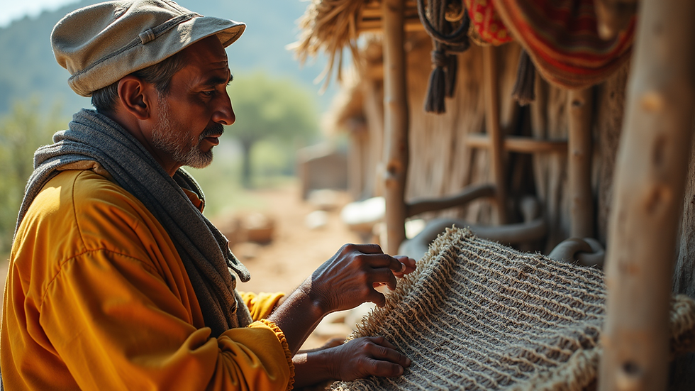 Vue rapprochée d’un artisan tissant un tissu bogolan traditionnel