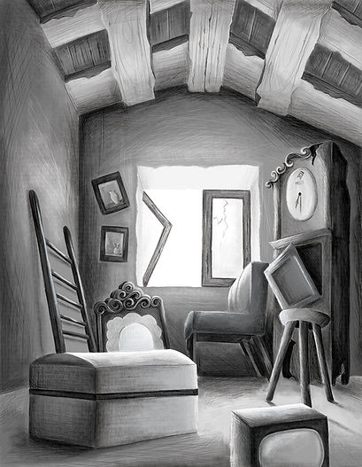 a black and white illustration of a store as an environment study for middle grade readers books