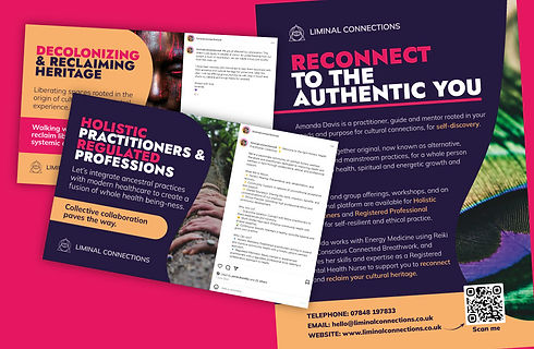 A collection of vibrant social media posts as well as a flyer which contains vibrant imagery of a black lady, hands holding a tree branch and a peacock feather