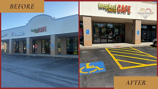 Before and After of Retail Center Commercial Striping with Parking Stalls and ADA Markings in Blue Springs, Missouri