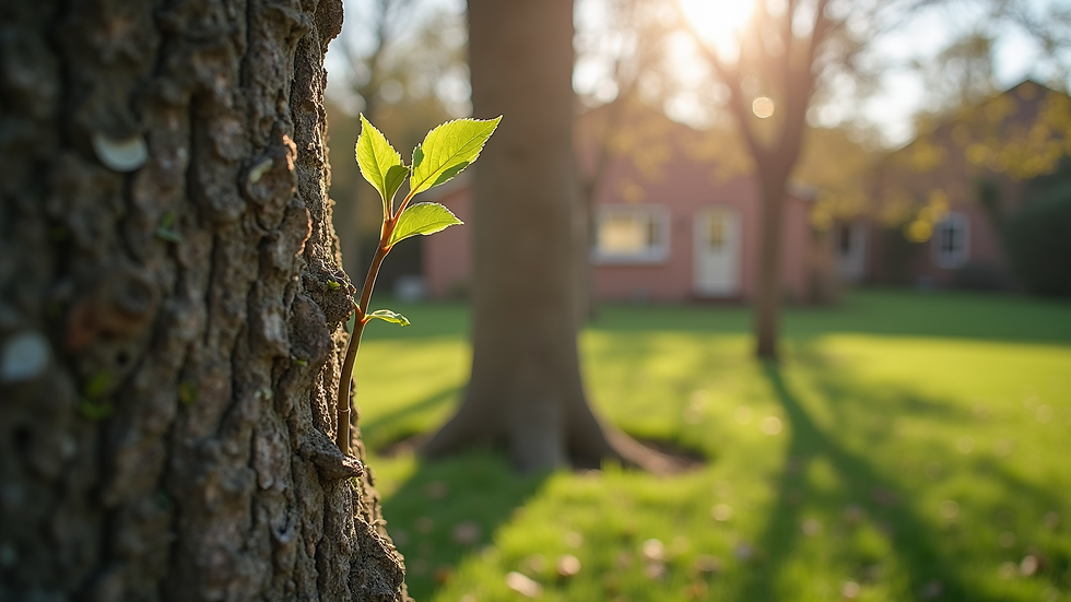 Eye-level view of a tree being pruned in a garden during spring