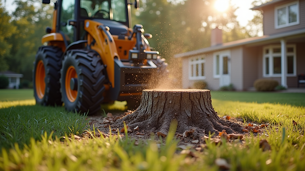 Eye-level view of a stump grinder clearing a tree stump in a residential backyard