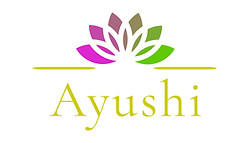 Ayushi, company name, and lotus flower logo