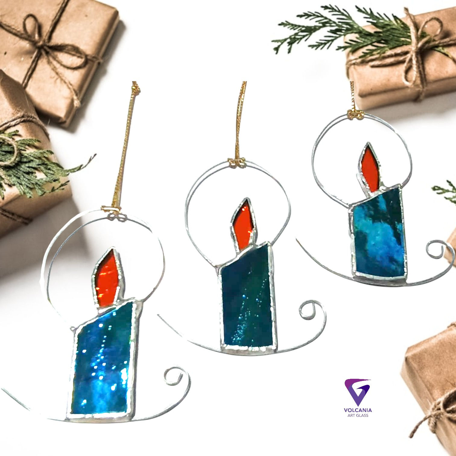 Christmas Candle leadlight suncatchers - set of 3 iridized green