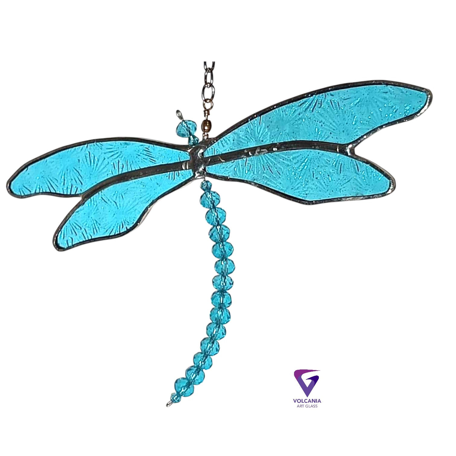 Dragonfly leadlight and beaded suncatcher - aqua-8mm beads and aqua wings