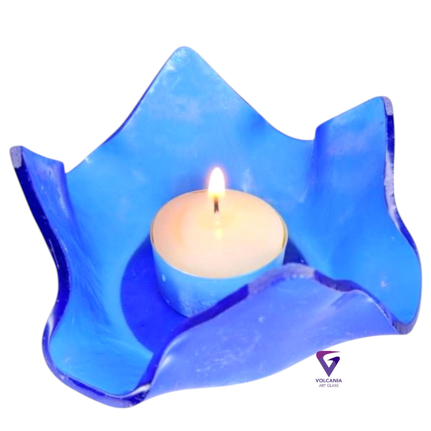 Draped Glass Candle Holder  /Small Dish -mid blue