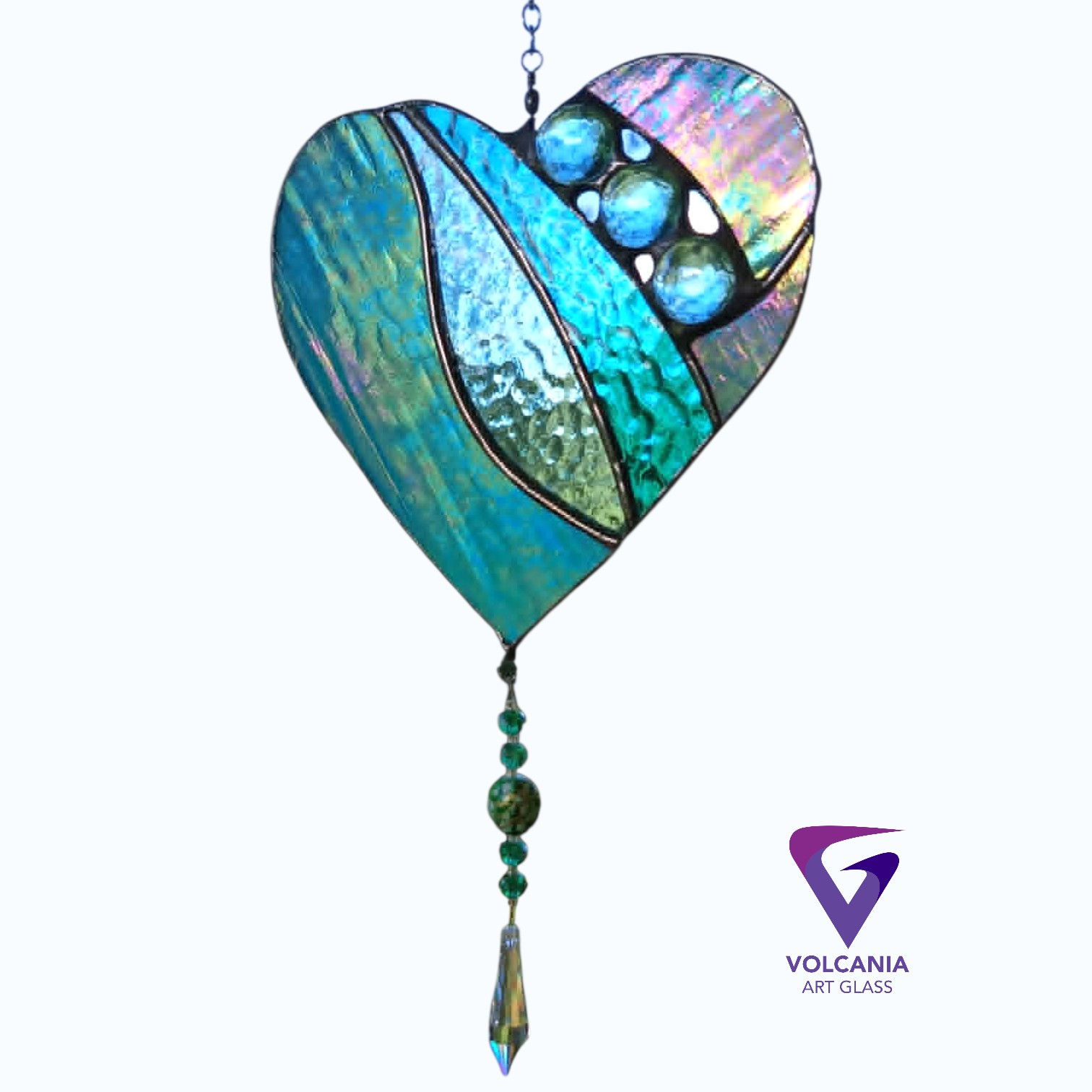 Heart with Crystal Leadlight Suncatcher-iridized teal