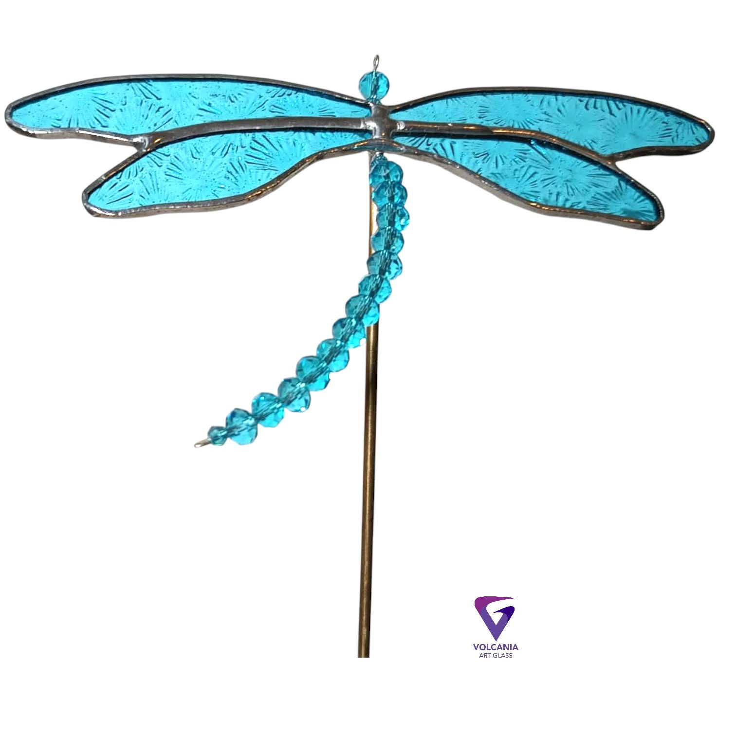 Dragonfly leadlight suncatcher / plant minder -aqua - 8mm glass beads