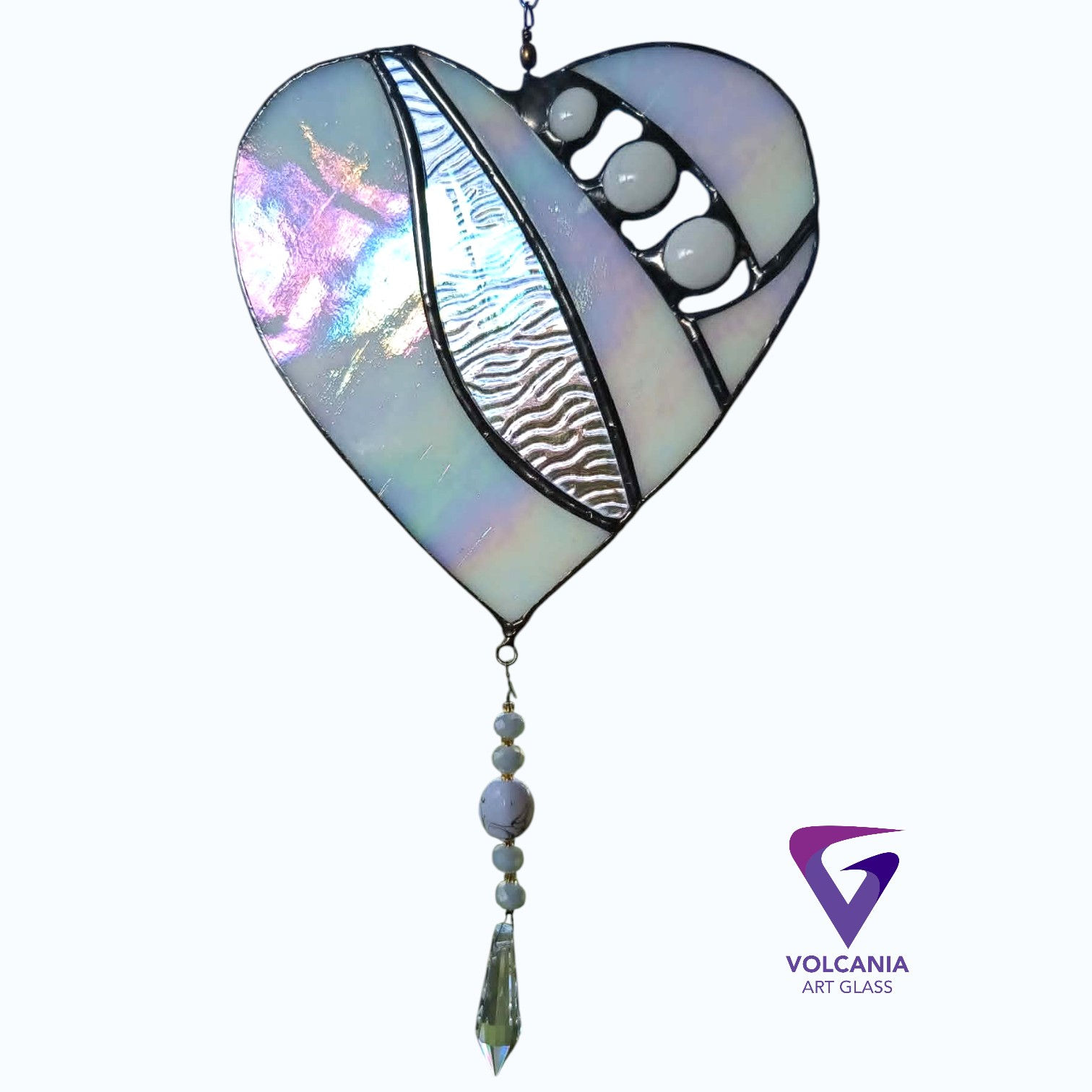 Heart with Crystal Leadlight Suncatcher-iridized white