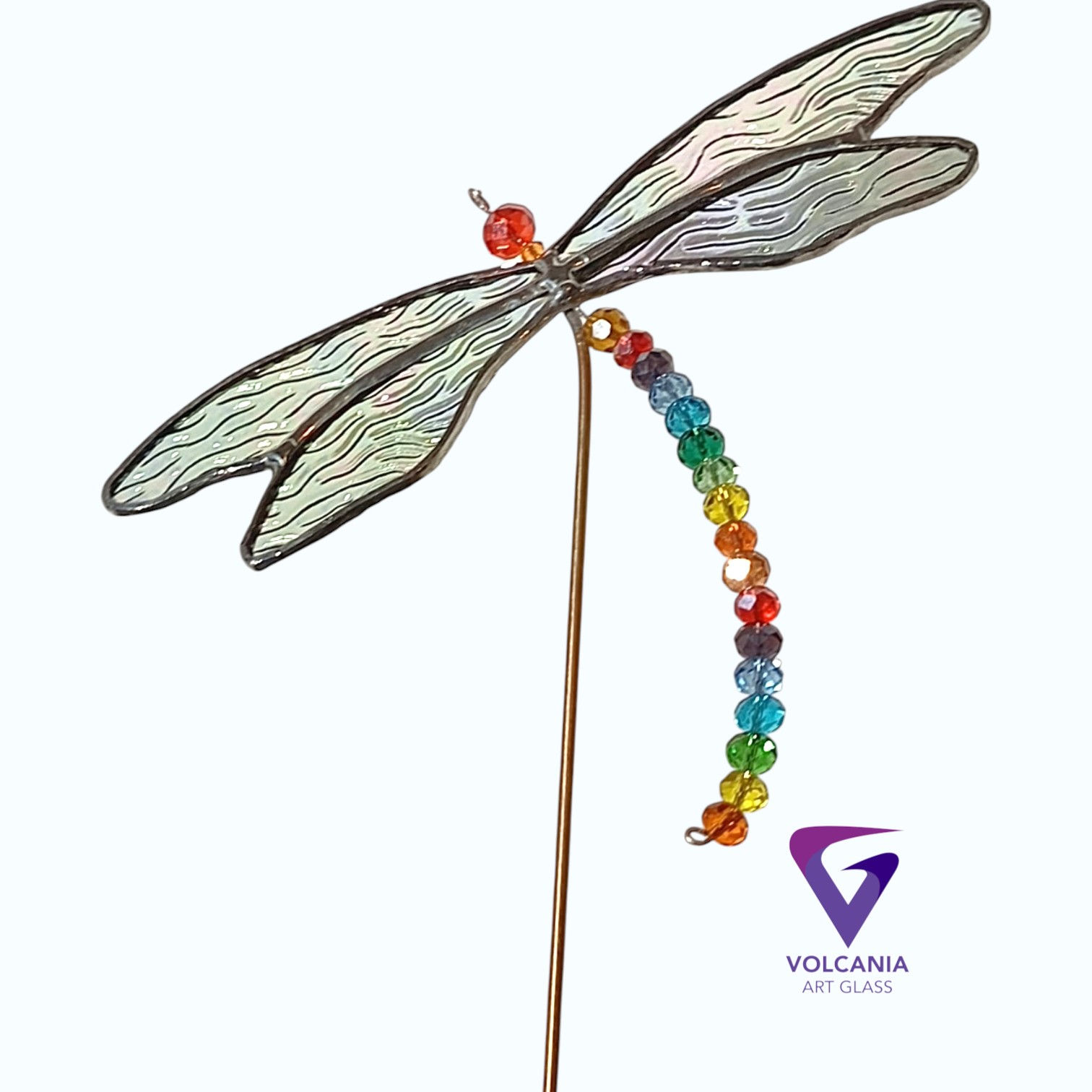 Dragonfly leadlight suncatcher / plant minder -rainbow-8mm beads