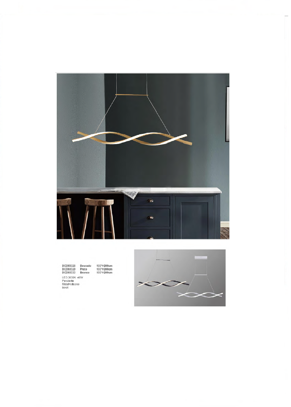 Pendente 100CM 40W 3000K 4000LM Bivolt Aluminio Dourado+Silicone