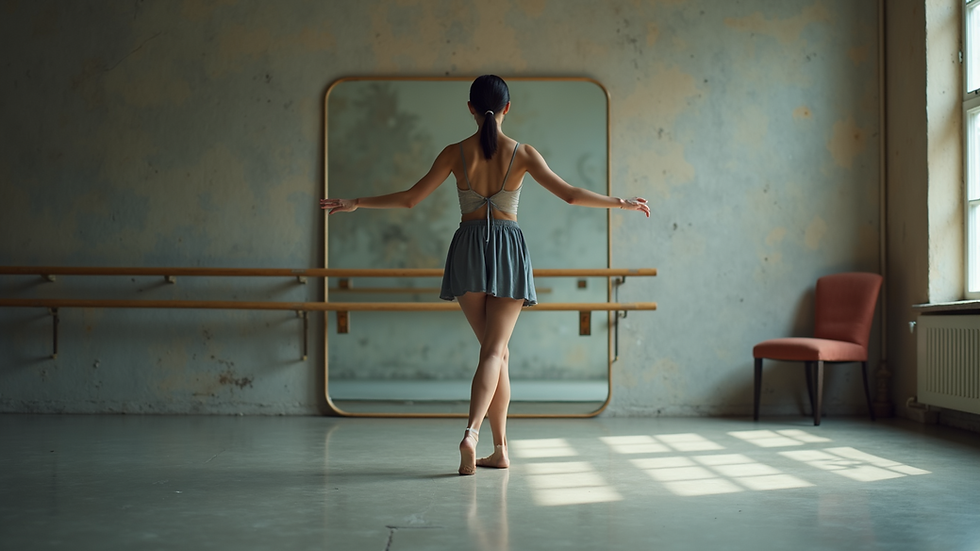 Eye-level view of a dancer practicing in front of a large mirror