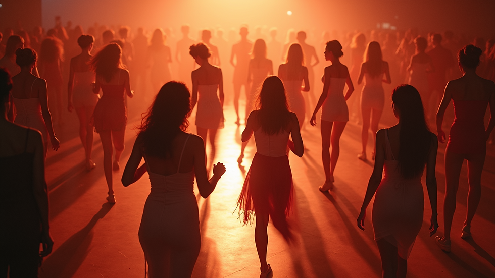 High angle view of a dance floor filled with dancers in motion