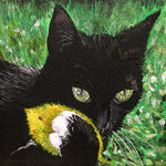 black cat, fall leaf, acrylic painting