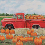 pumpkin farm, red classic truck, colored pencil drawing