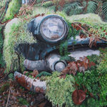 Classic car painting featuring an abandoned vehicle.