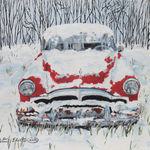 classic car in snow, acrylic painting, winter scene