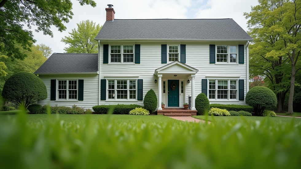 Eye-level view of a freshly painted New Jersey home with a manicured lawn