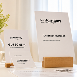 Gutscheine, Infoflyer und Visitenkarten der Fusspflegepraxis My Harmony