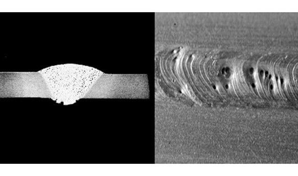 Two views of welding porosity in a cross sectional and top view side to side picture.